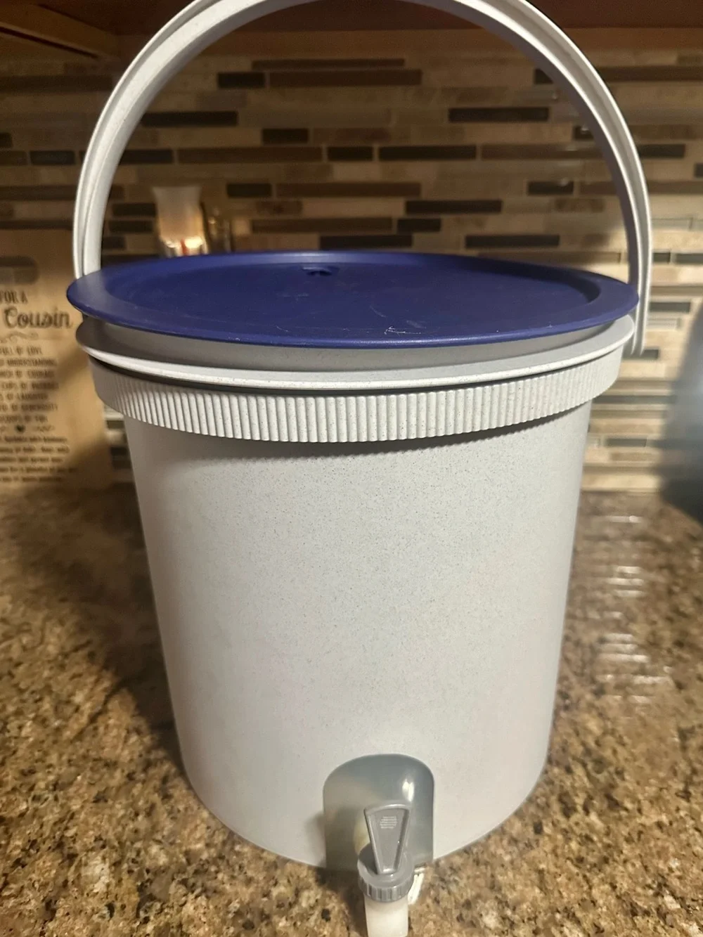 Tupperware Bucket Canister & Beverage Dispenser w/Handle - Grey Body, Blue Lid